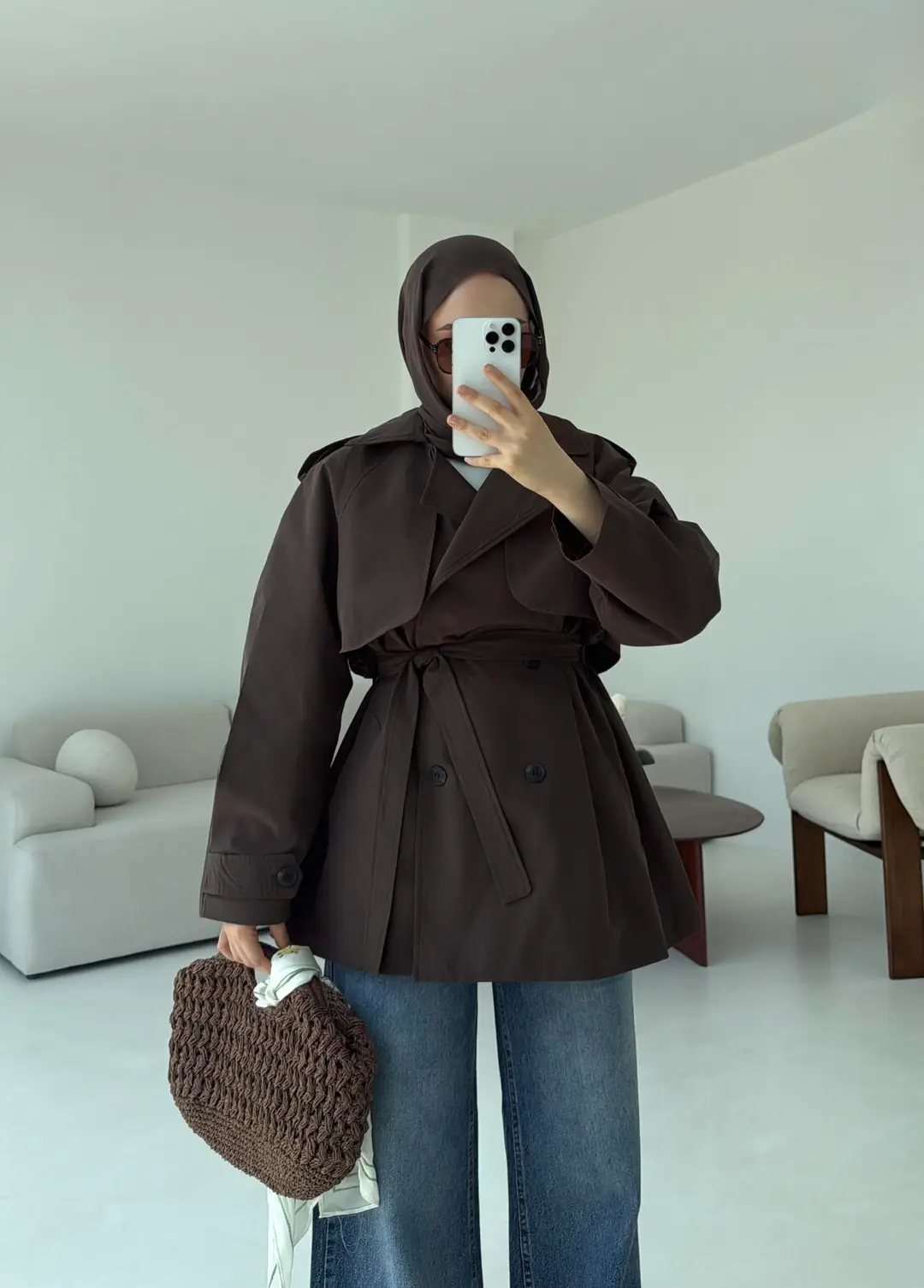 Allerli Kısa Trençkot Kahve