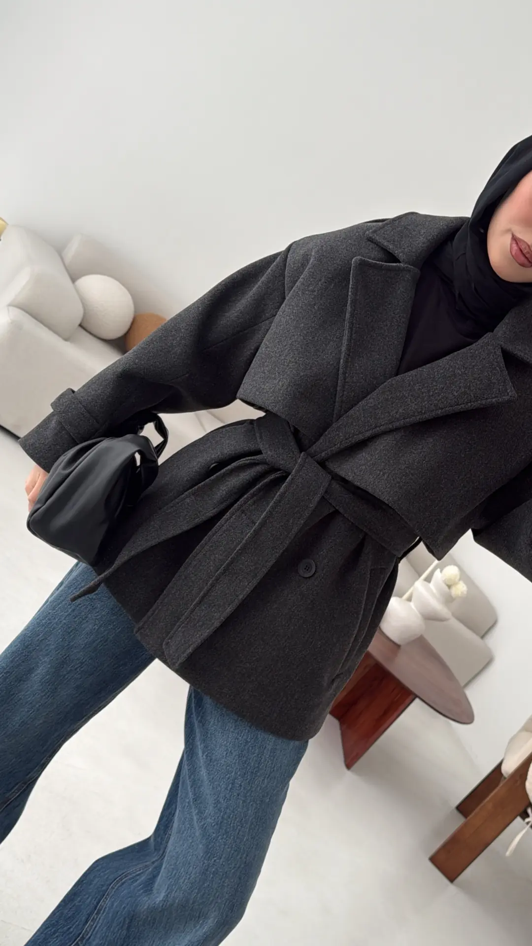 Antrasit Düğmeli Kol Manşetli Kaşe Kaban - Görsel 4