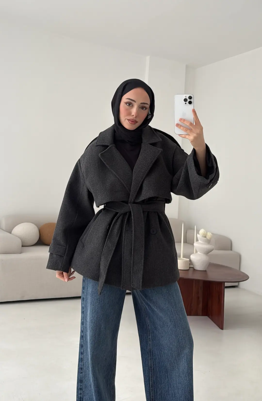 Antrasit Düğmeli Kol Manşetli Kaşe Kaban - Görsel 5