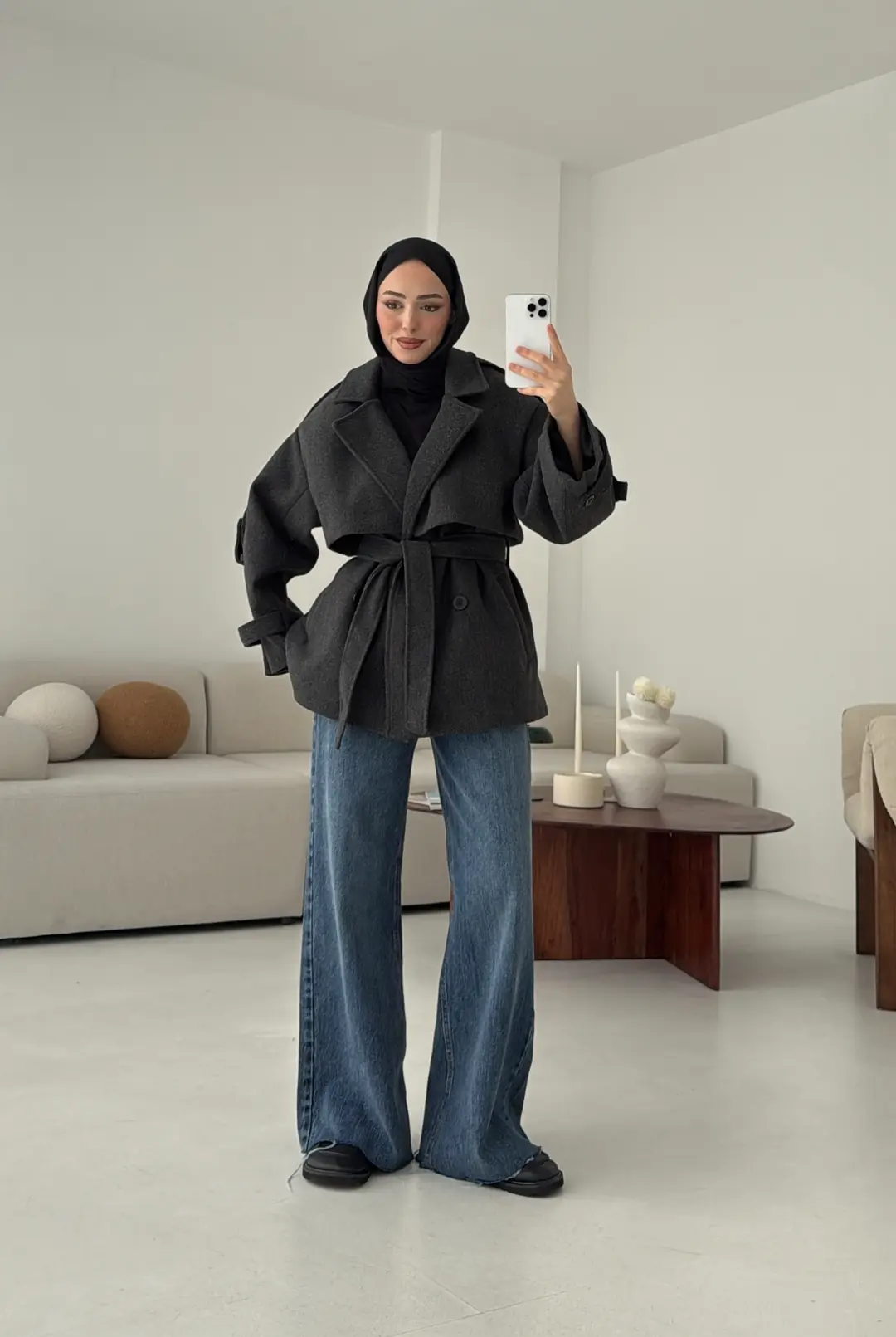 Antrasit Düğmeli Kol Manşetli Kaşe Kaban - Görsel 6