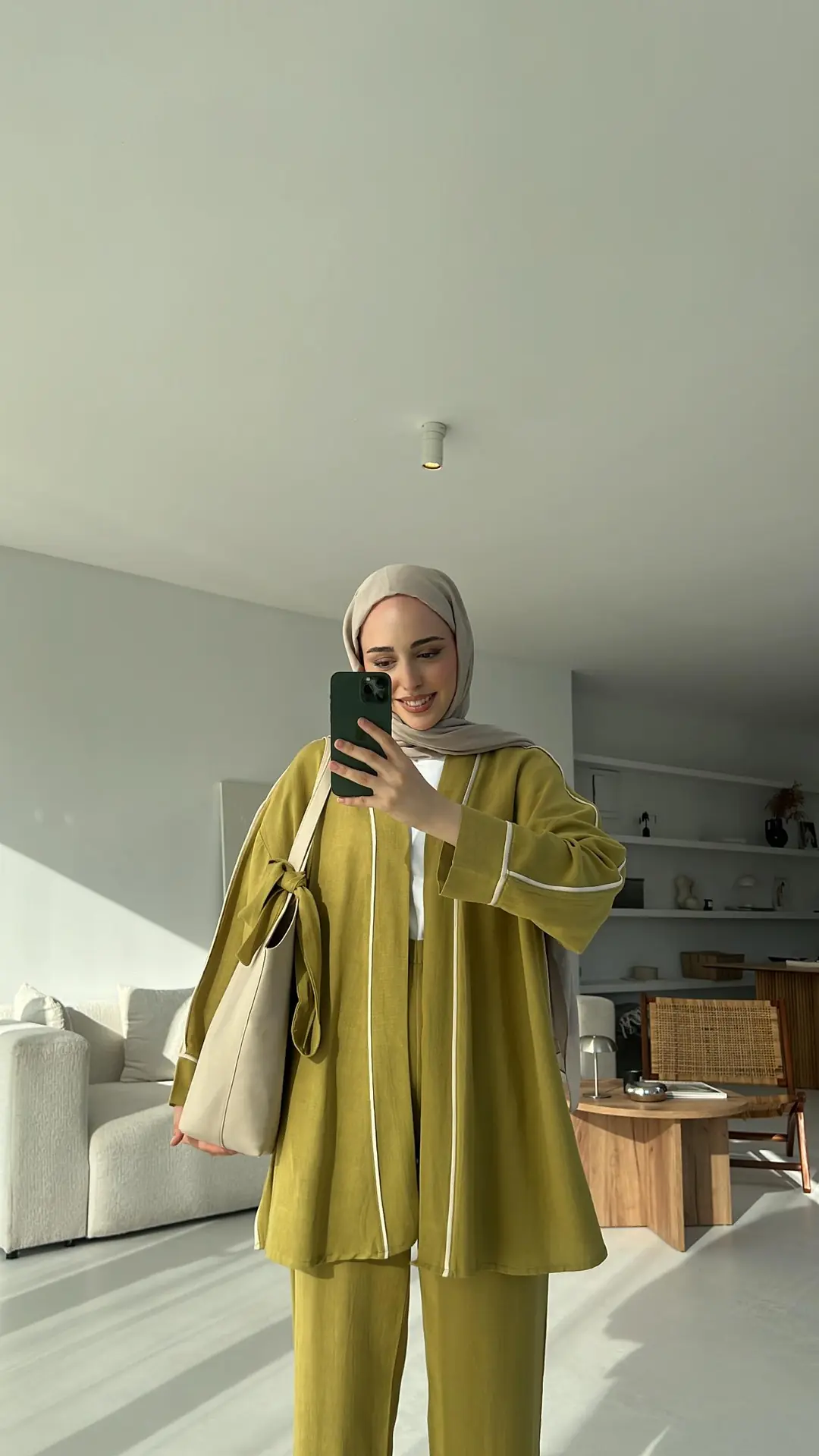 Ara Biyeli Keten Takım Yağ Yeşili