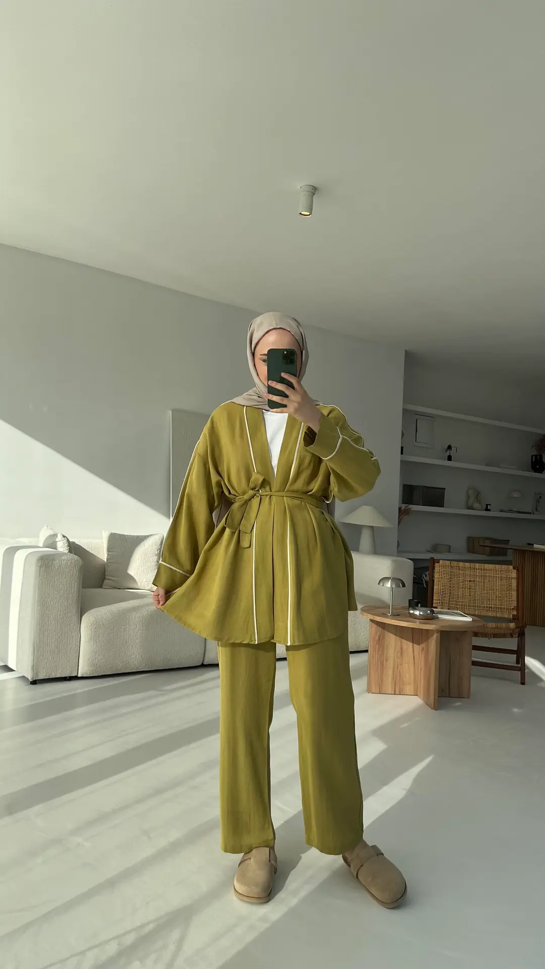 Ara Biyeli Keten Takım Yağ Yeşili - Görsel 3