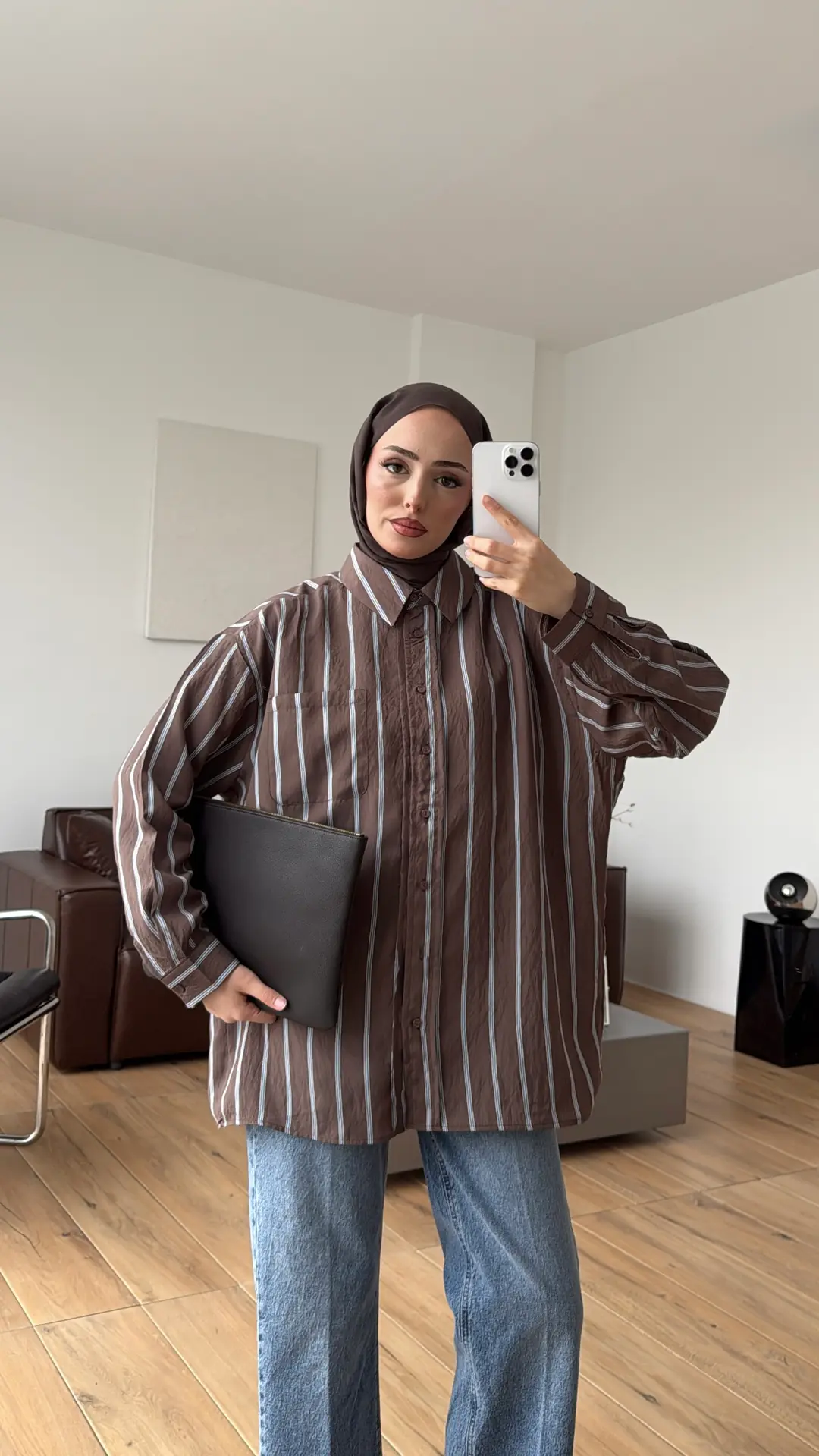 Arkası Pile Detay Çizgili Gömlek Kahve - Görsel 3
