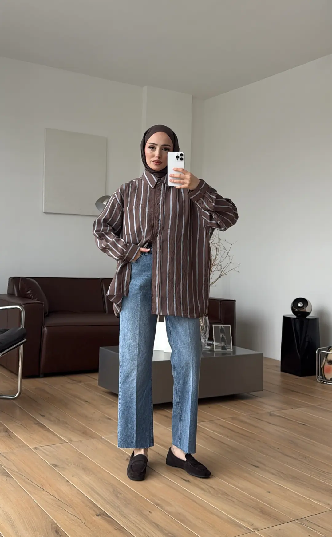 Arkası Pile Detay Çizgili Gömlek Kahve - Görsel 4