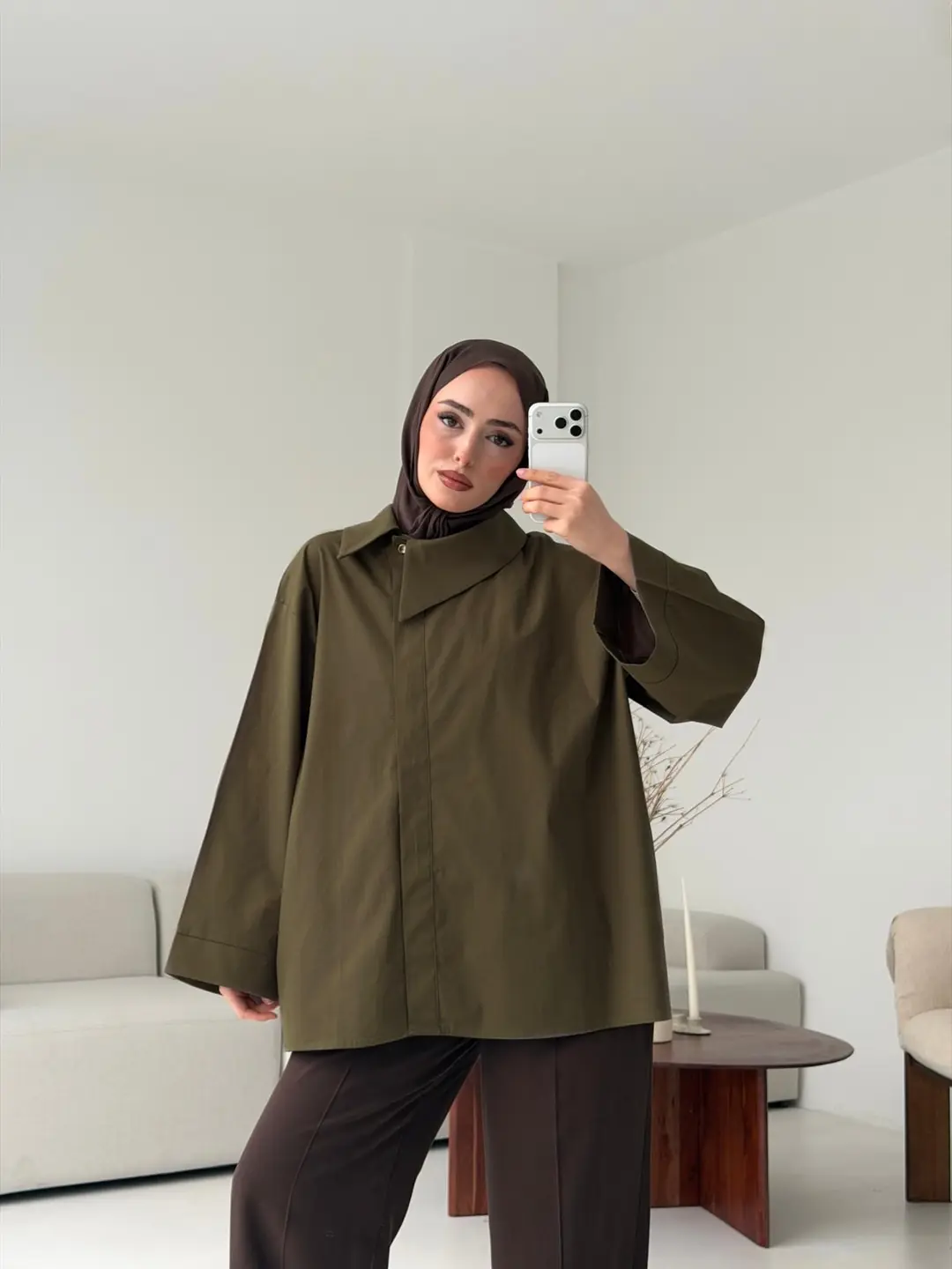 Asimetrik Yaka Oversize Gömlek Haki