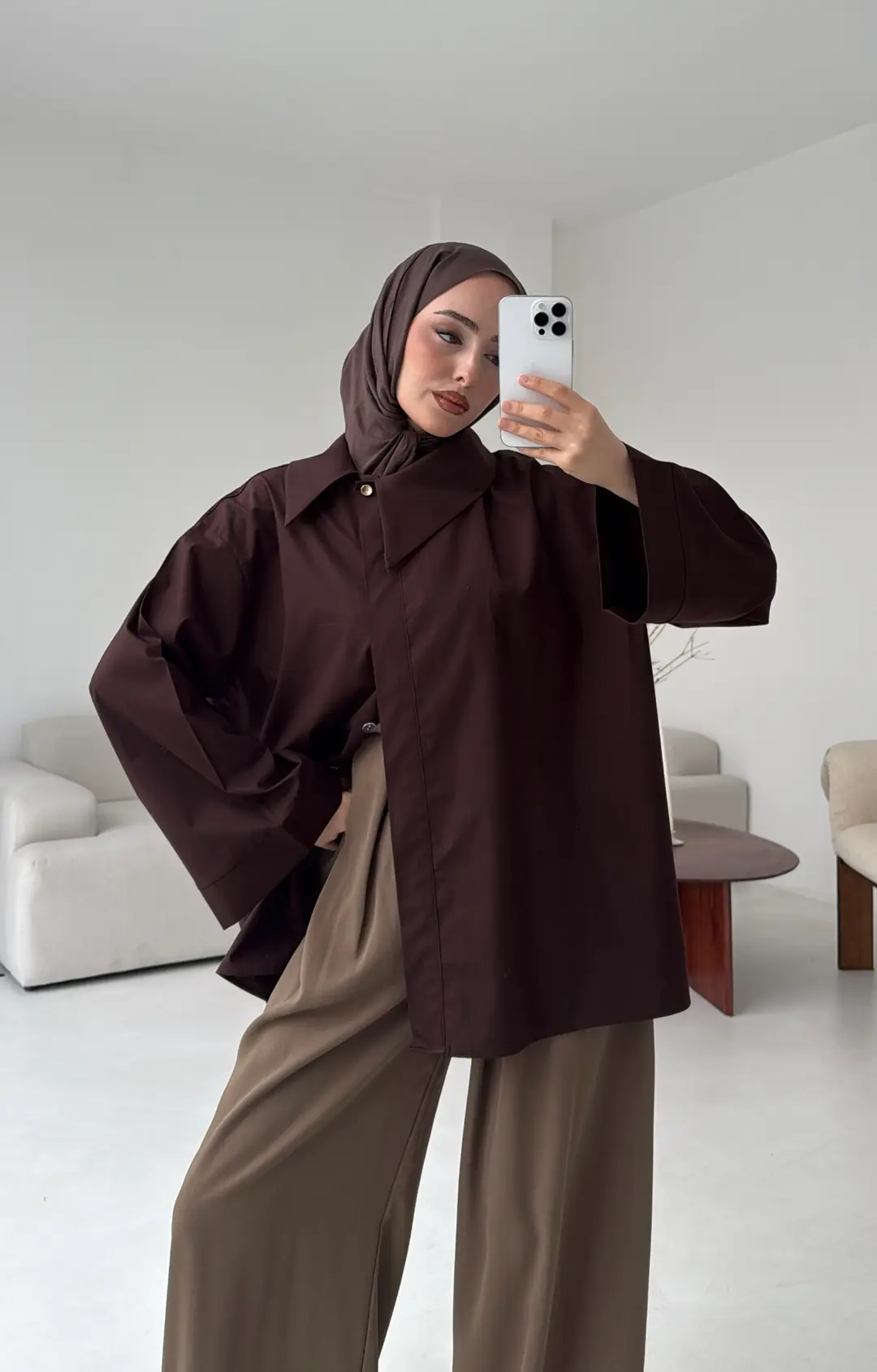 Asimetrik Yaka Oversize Gömlek  Kahve