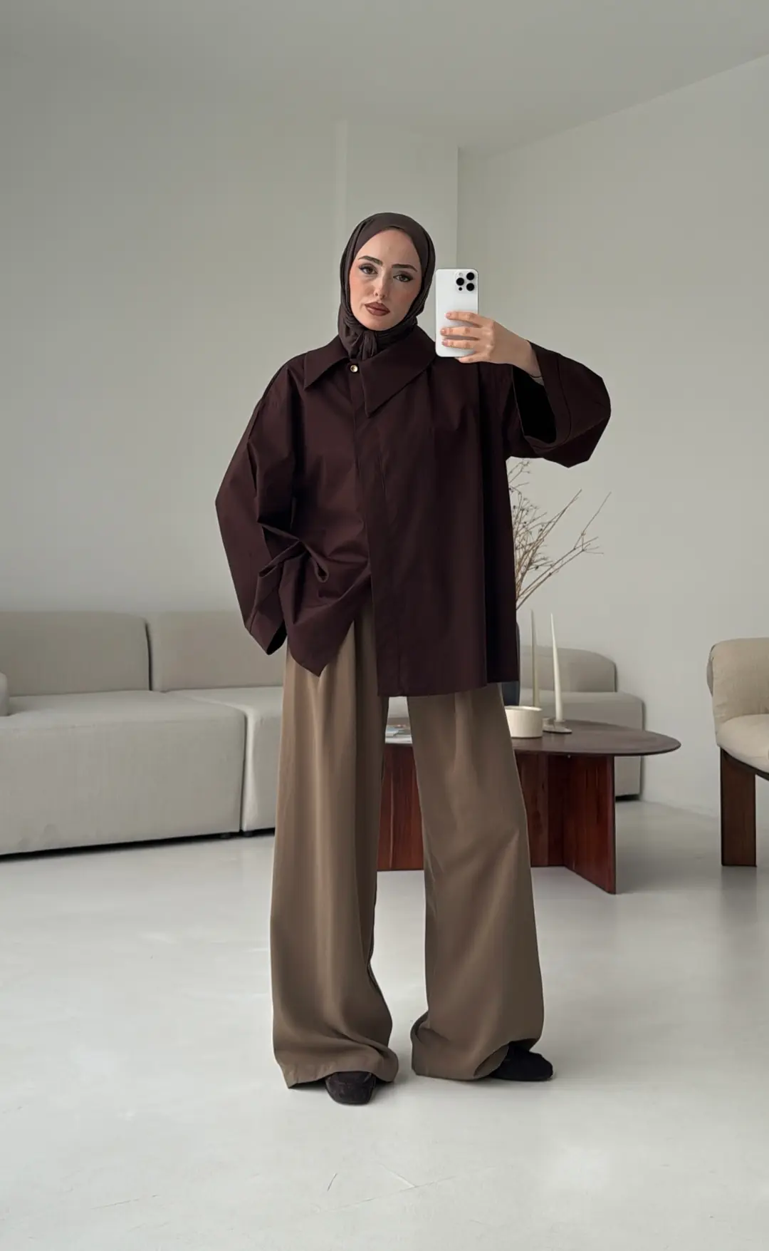 Asimetrik Yaka Oversize Gömlek  Kahve - Görsel 3