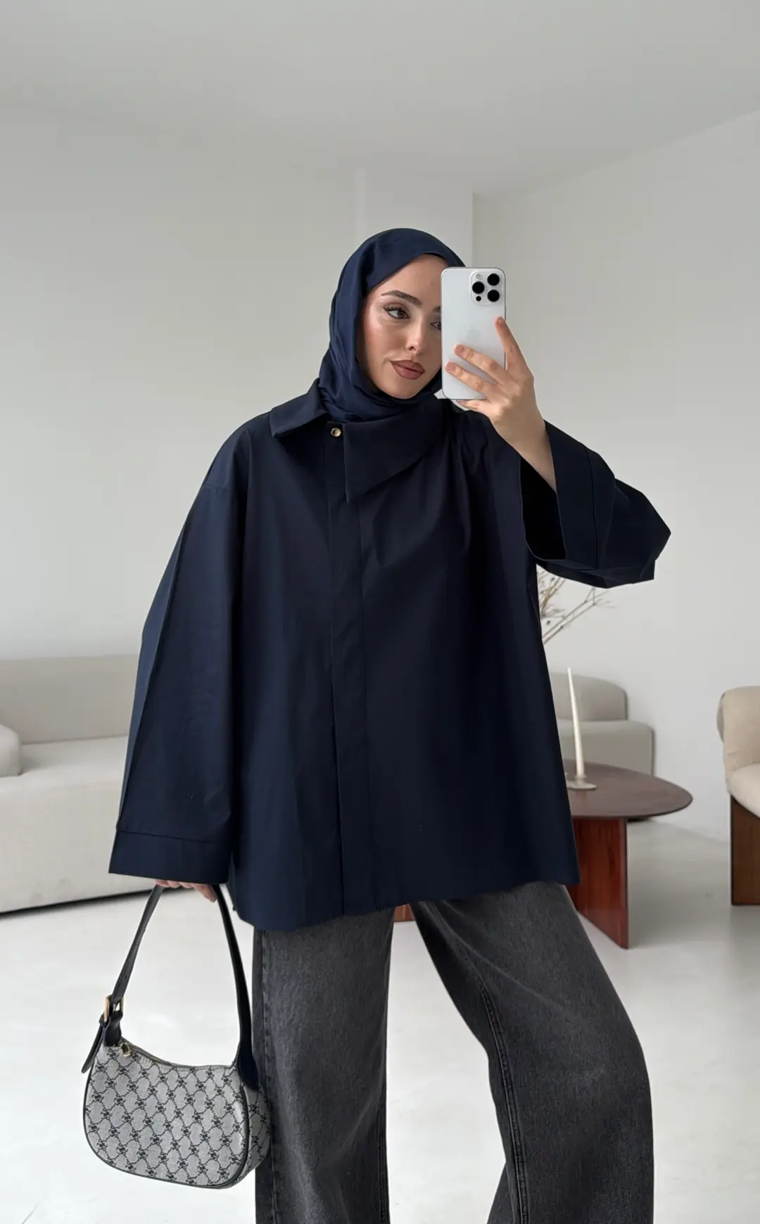 Asimetrik Yaka Oversize Gömlek Lacivert - Görsel 3