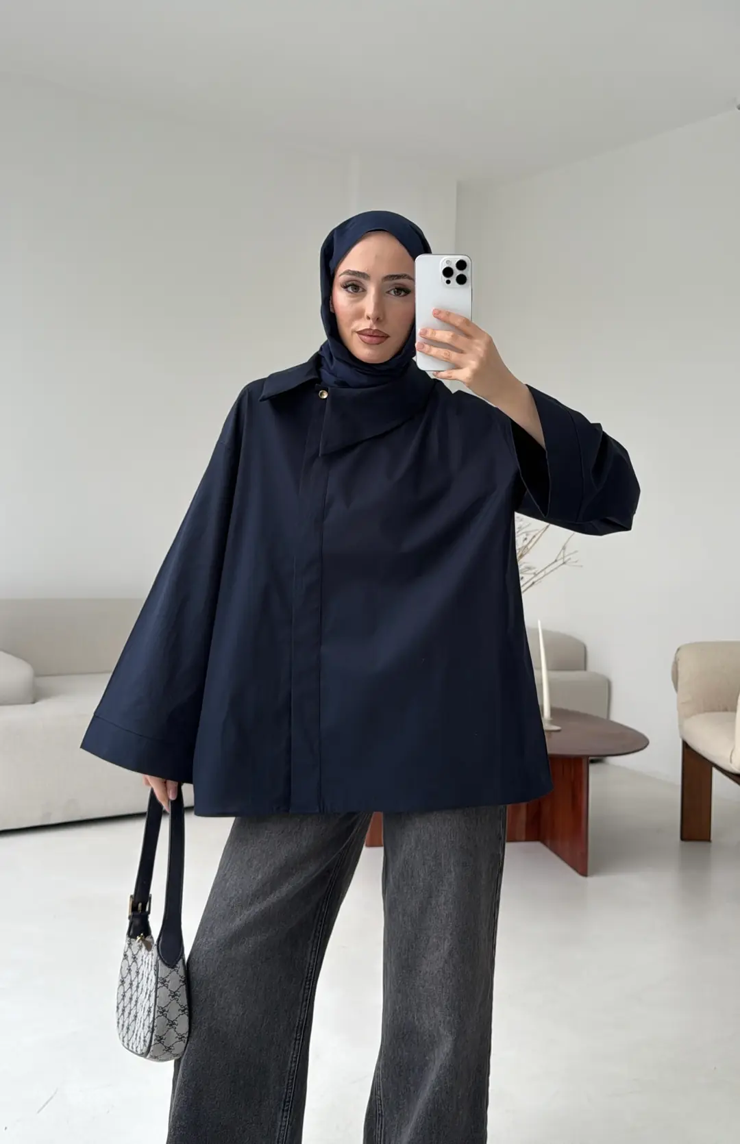 Asimetrik Yaka Oversize Gömlek Lacivert - Görsel 5