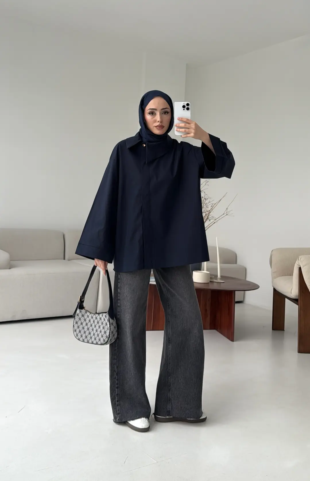 Asimetrik Yaka Oversize Gömlek Lacivert - Görsel 6