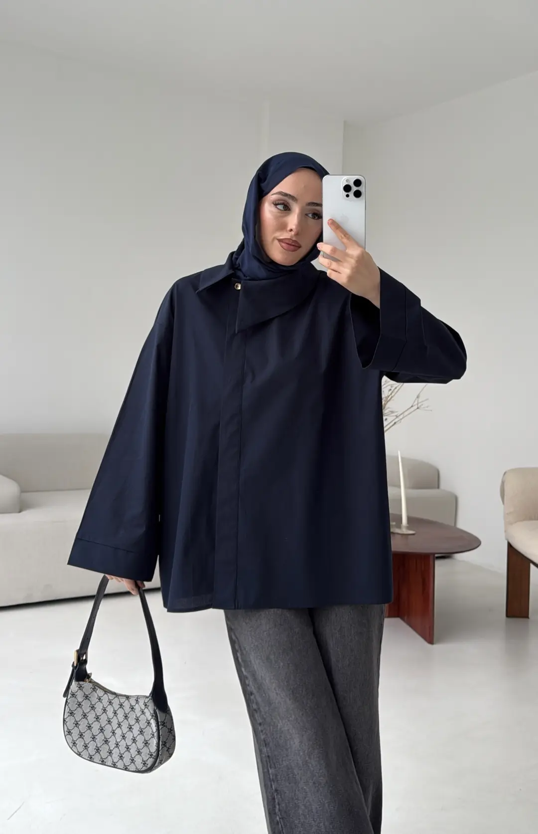 Asimetrik Yaka Oversize Gömlek Lacivert - Görsel 7