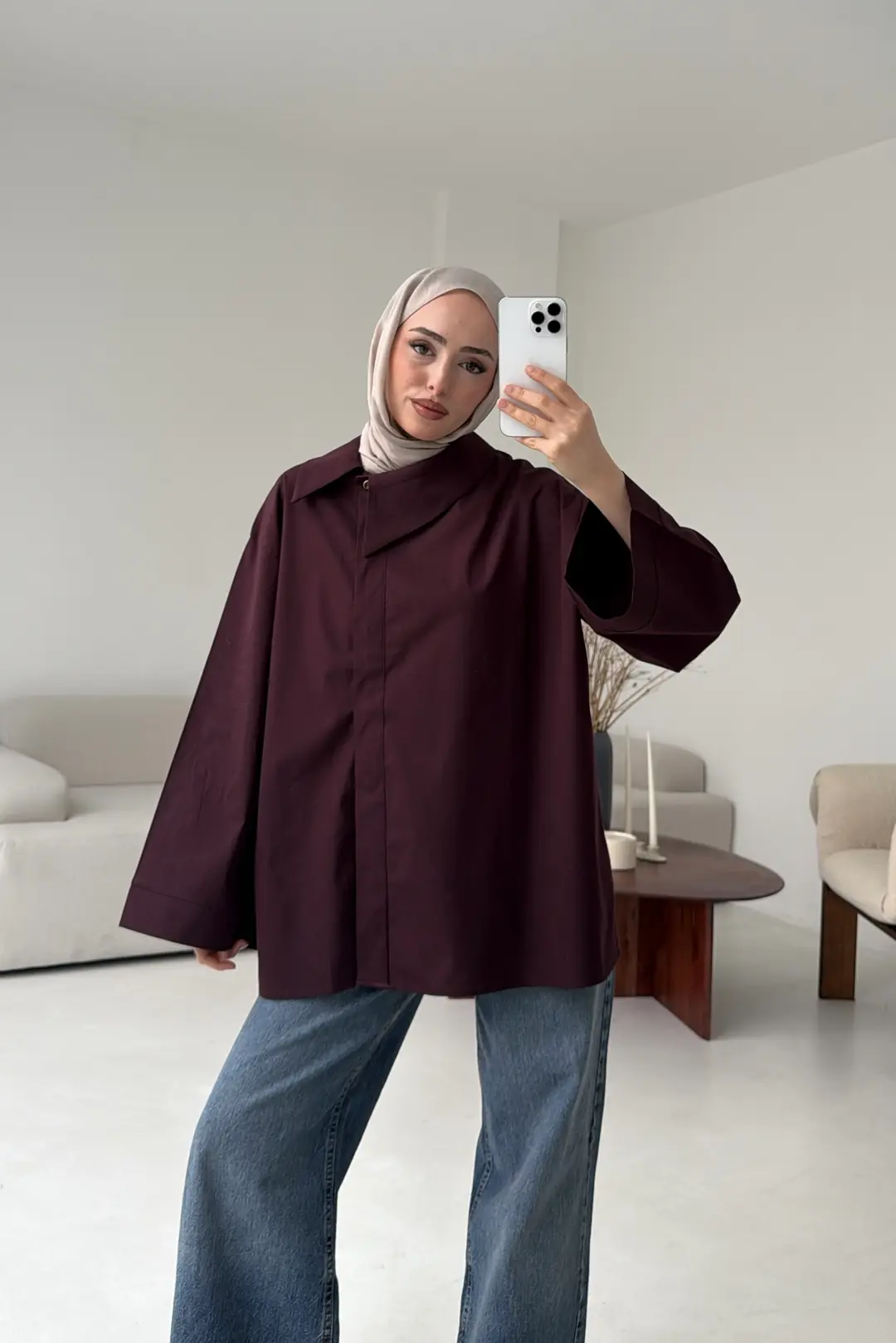 Asimetrik Yaka Oversize Gömlek Mürdüm - Görsel 2