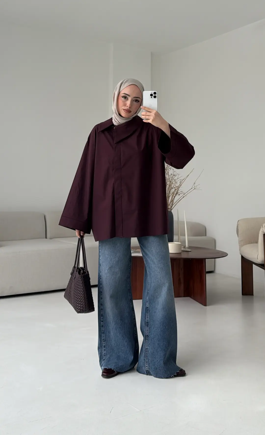 Asimetrik Yaka Oversize Gömlek Mürdüm - Görsel 3