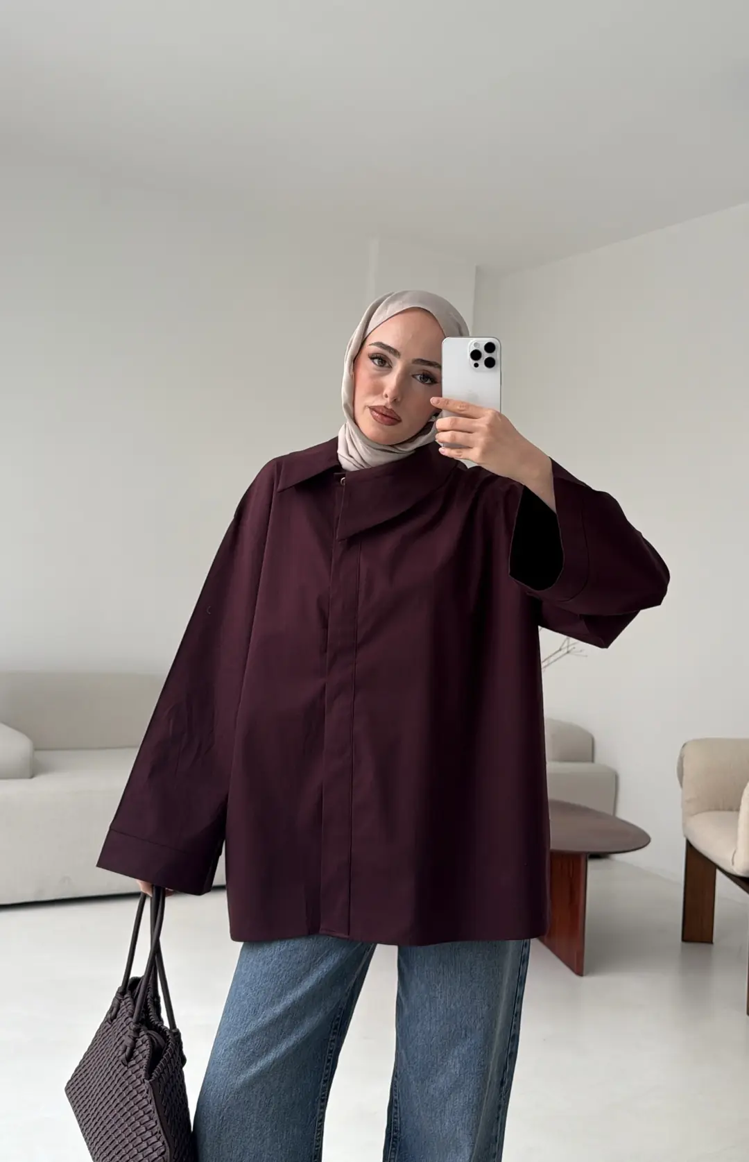 Asimetrik Yaka Oversize Gömlek Mürdüm - Görsel 4