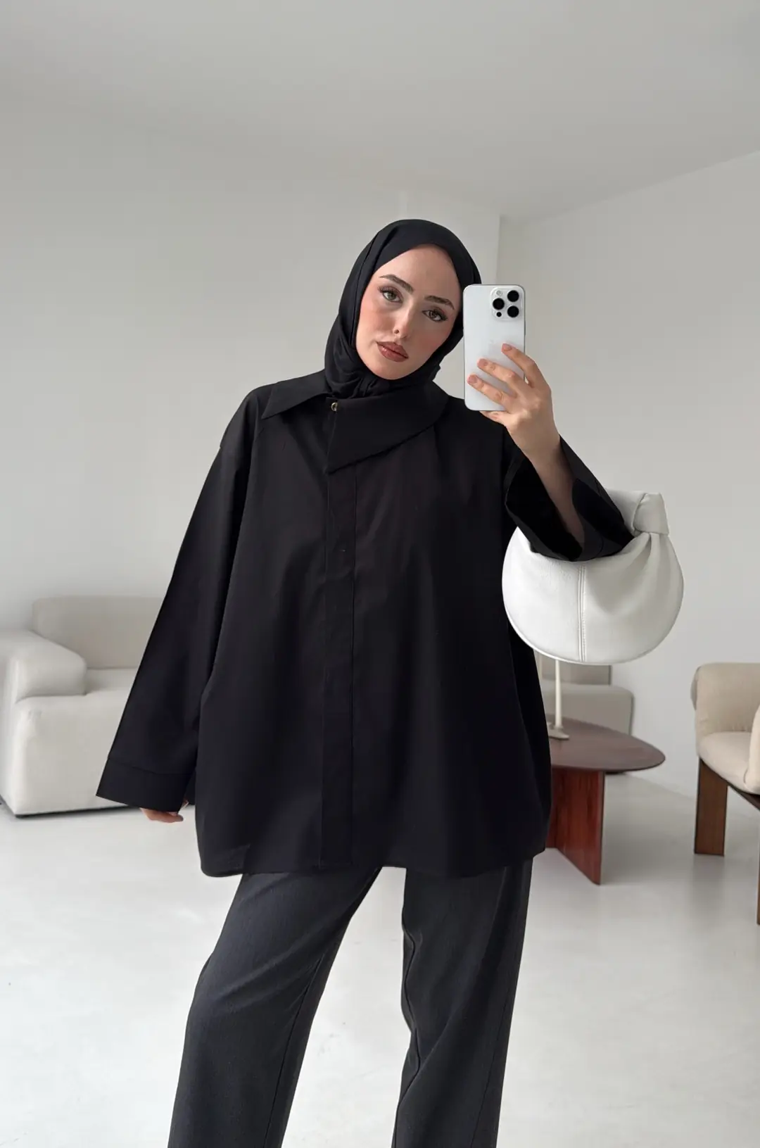 Asimetrik Yaka Oversize Gömlek Siyah - Görsel 2