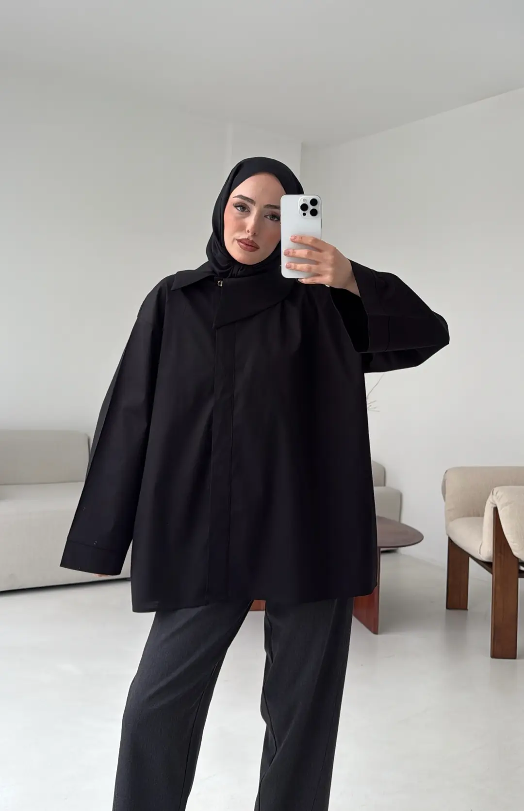 Asimetrik Yaka Oversize Gömlek Siyah - Görsel 4