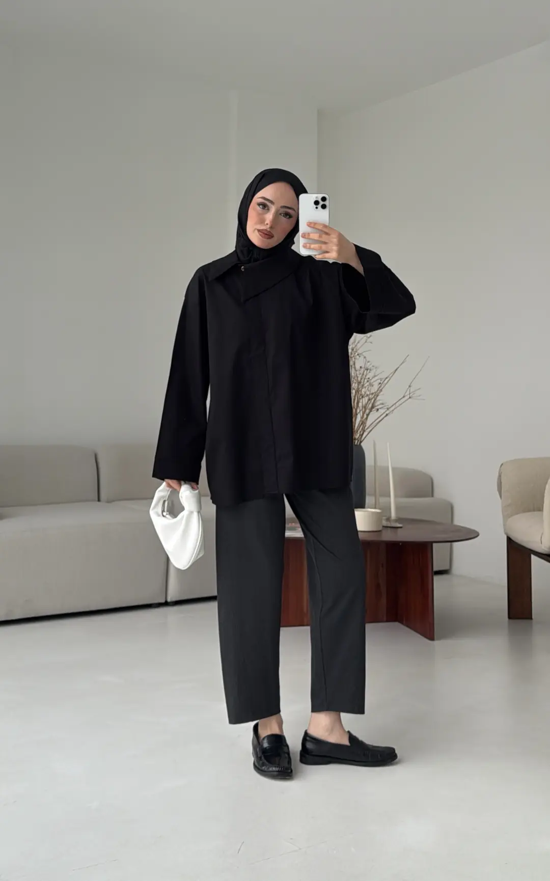 Asimetrik Yaka Oversize Gömlek Siyah - Görsel 6