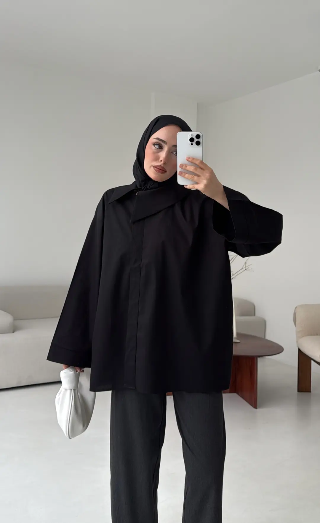 Asimetrik Yaka Oversize Gömlek Siyah - Görsel 7