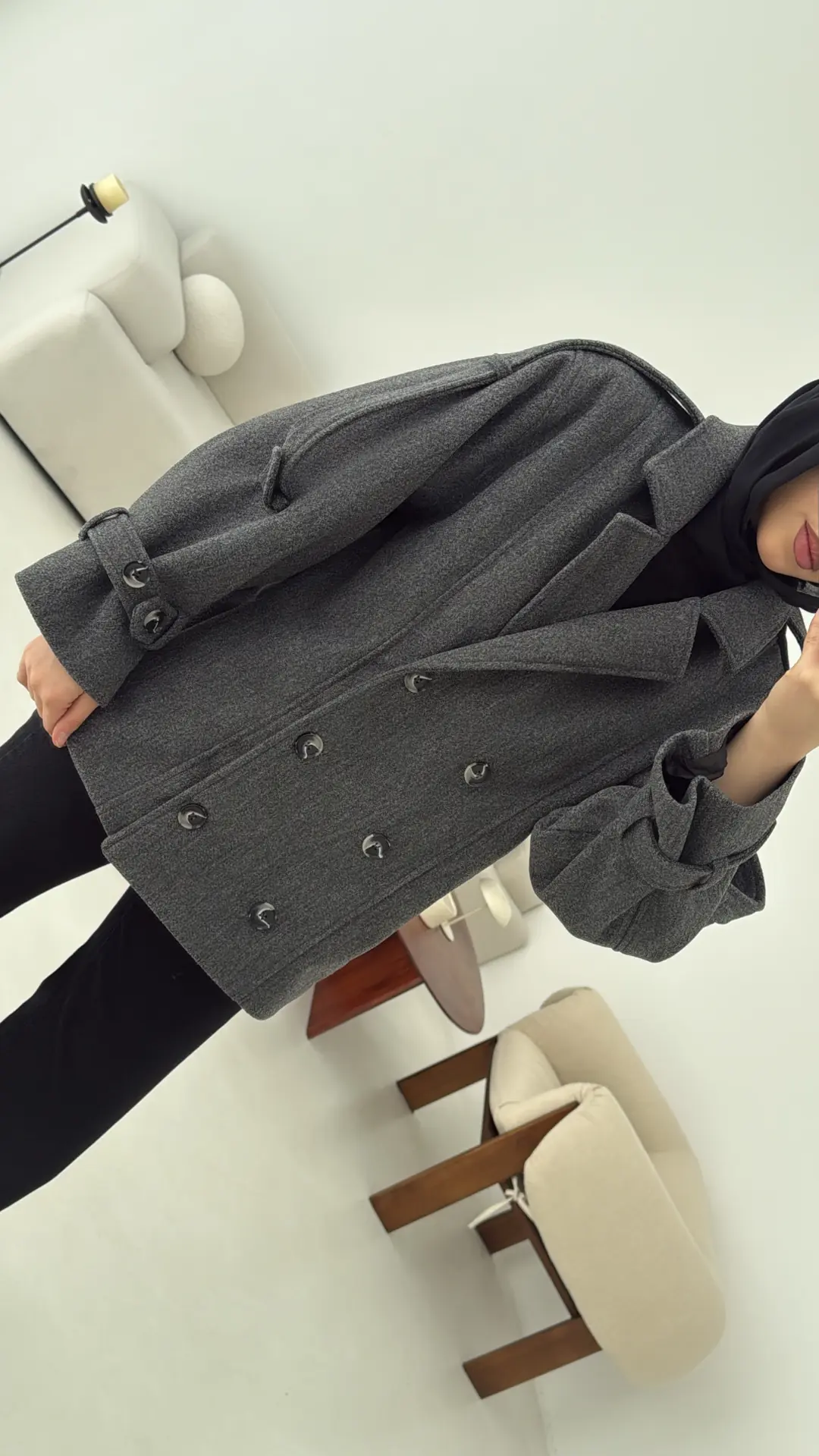 Asortİ Yakalı Kaşe Kaban Antrasit - Görsel 8