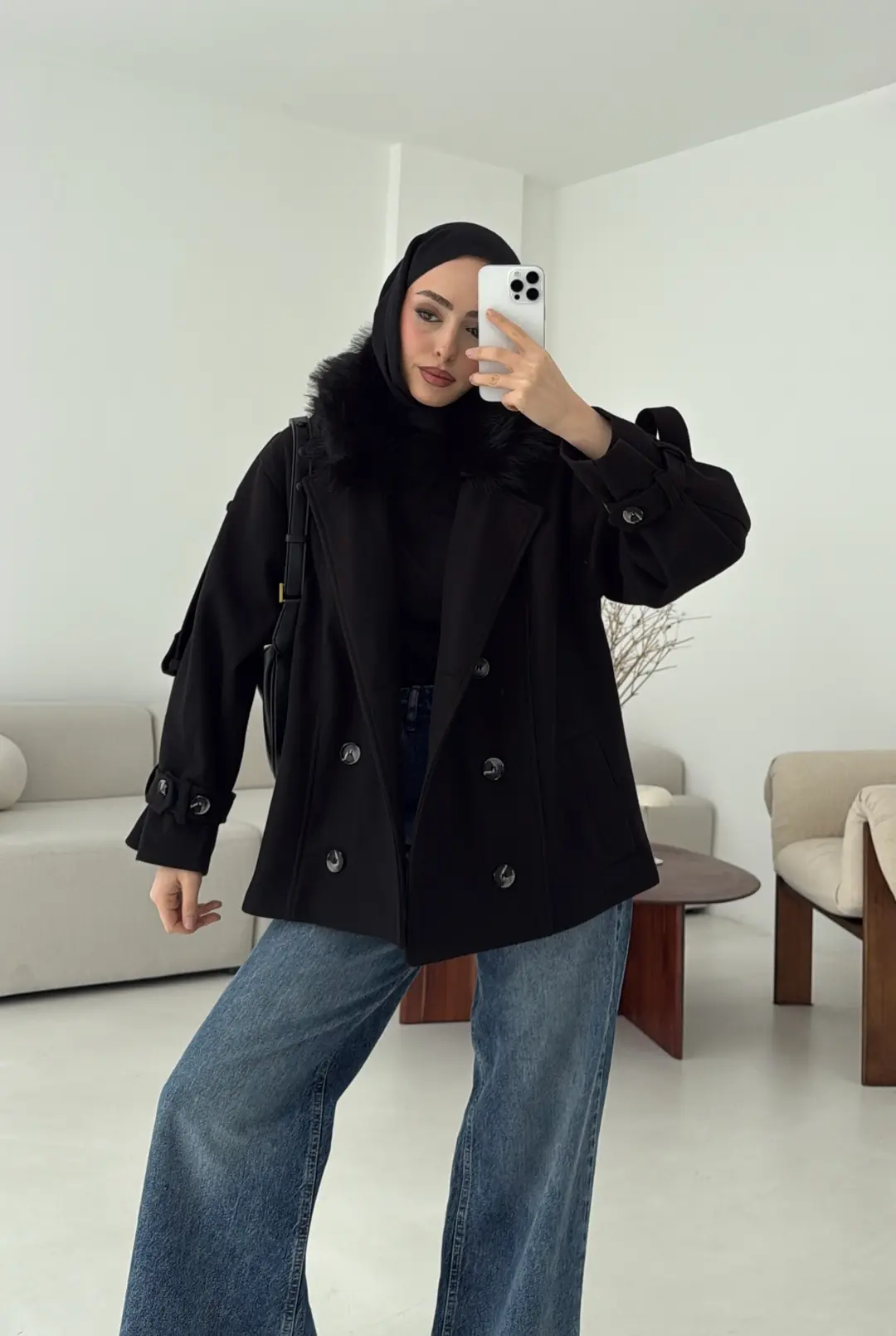 Asortİ Yakalı Kaşe Kaban Siyah - Görsel 3