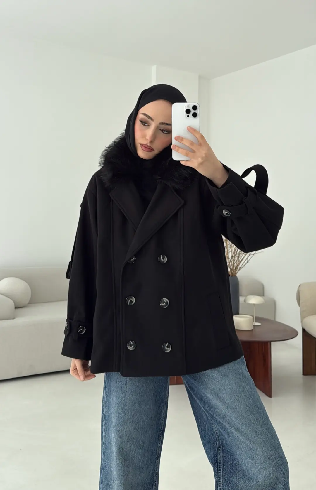 Asortİ Yakalı Kaşe Kaban Siyah - Görsel 5