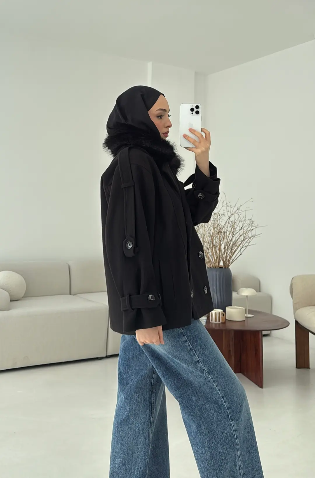 Asortİ Yakalı Kaşe Kaban Siyah - Görsel 7