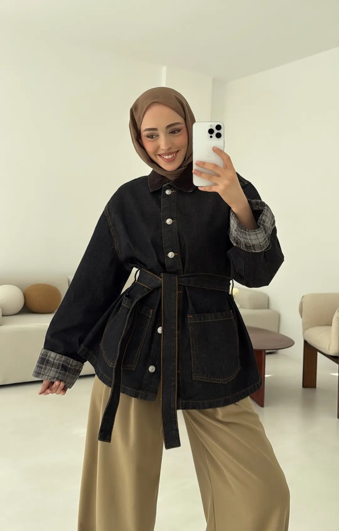 Astarı Ekose Detay Denim Ceket