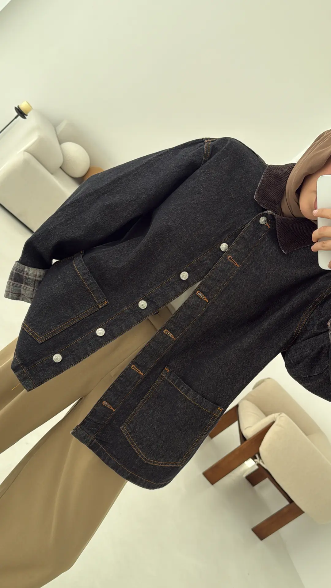 Astarı Ekose Detay Denim Ceket - Görsel 10