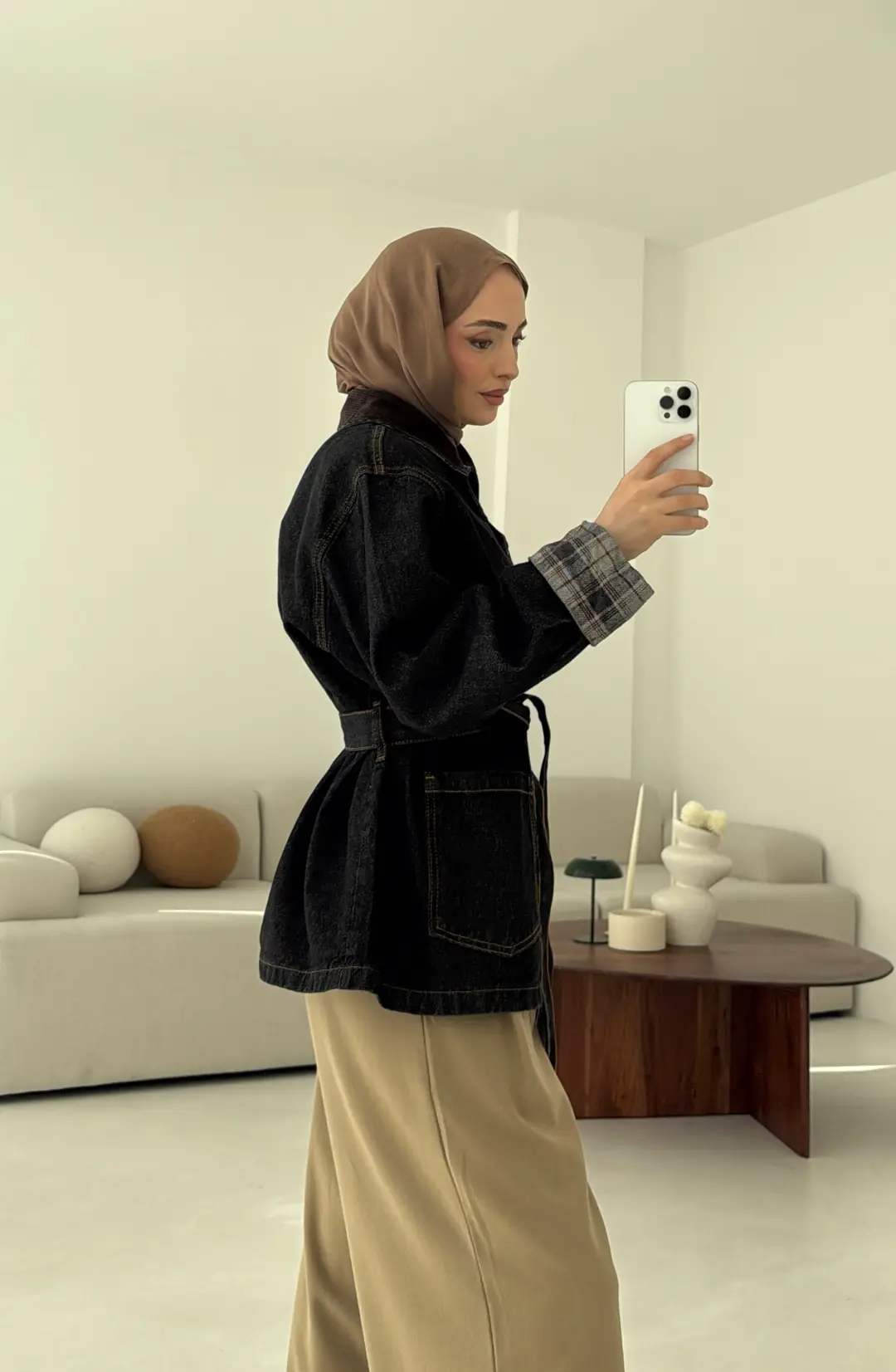 Astarı Ekose Detay Denim Ceket - Görsel 7