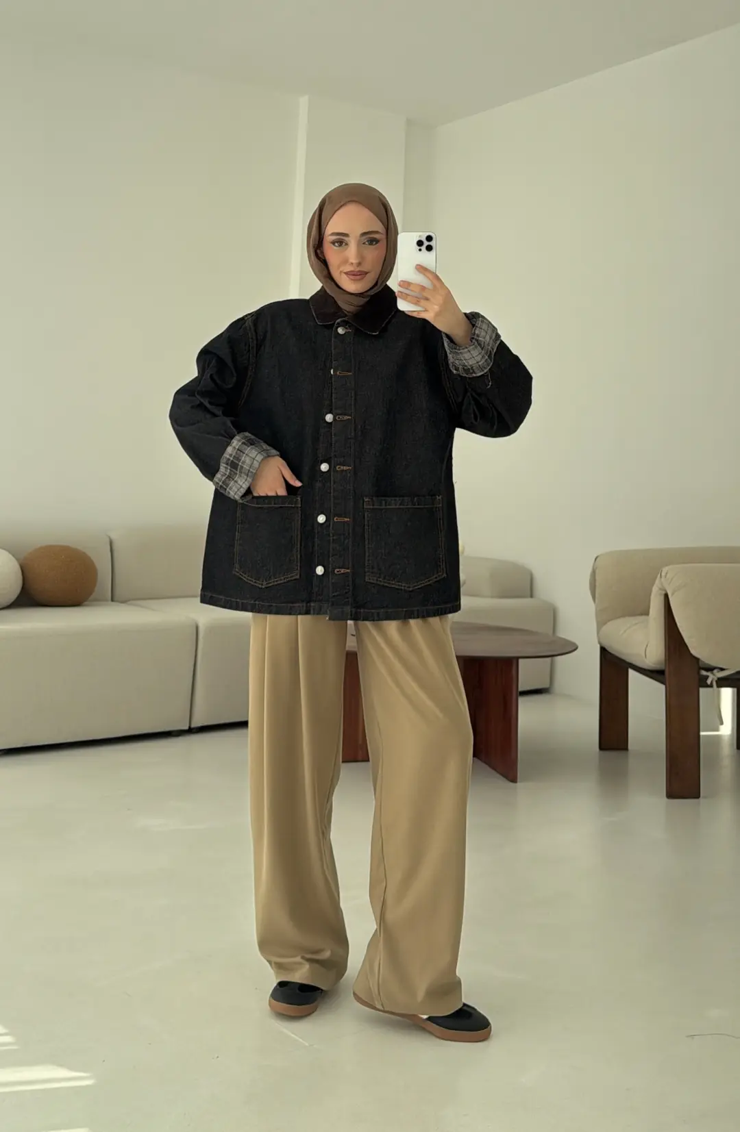 Astarı Ekose Detay Denim Ceket - Görsel 9