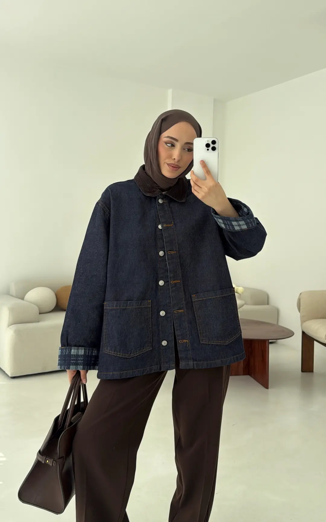 Astarı Ekose Detay Denim Ceket Mavi - Görsel 3