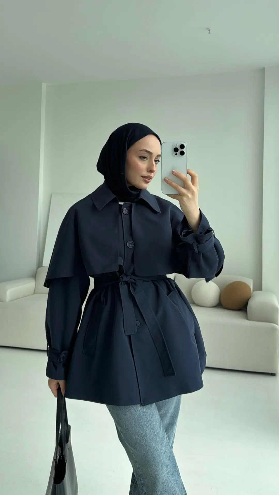 Astarlı Pelerinli Trençkot Lacivert - Görsel 9