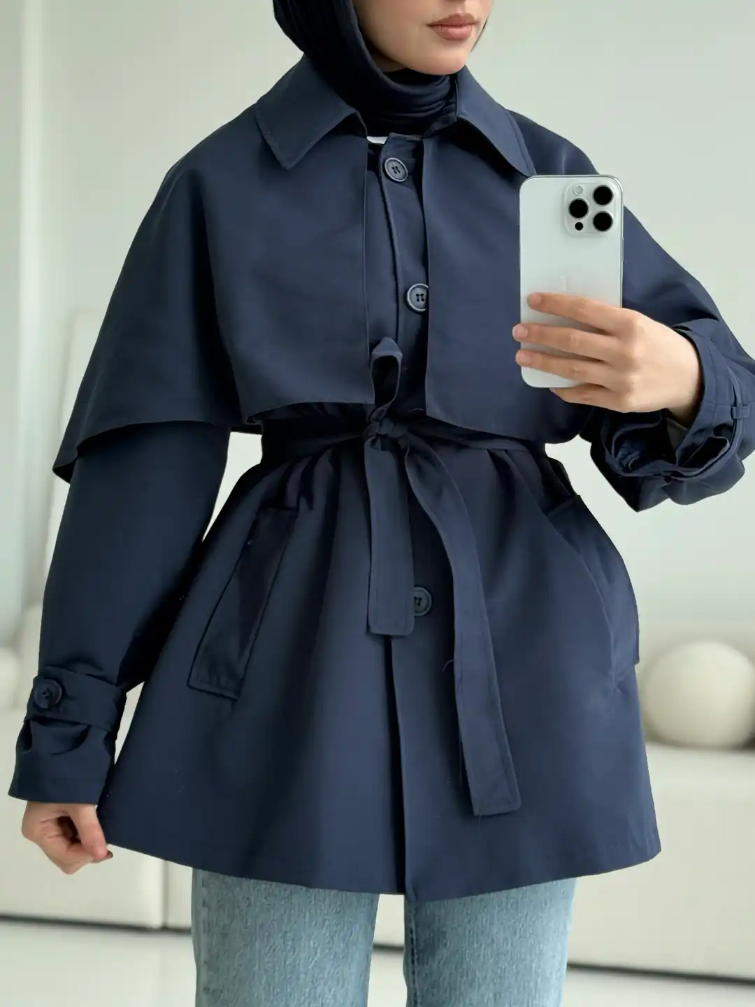 Astarlı Pelerinli Trençkot Lacivert - Görsel 6