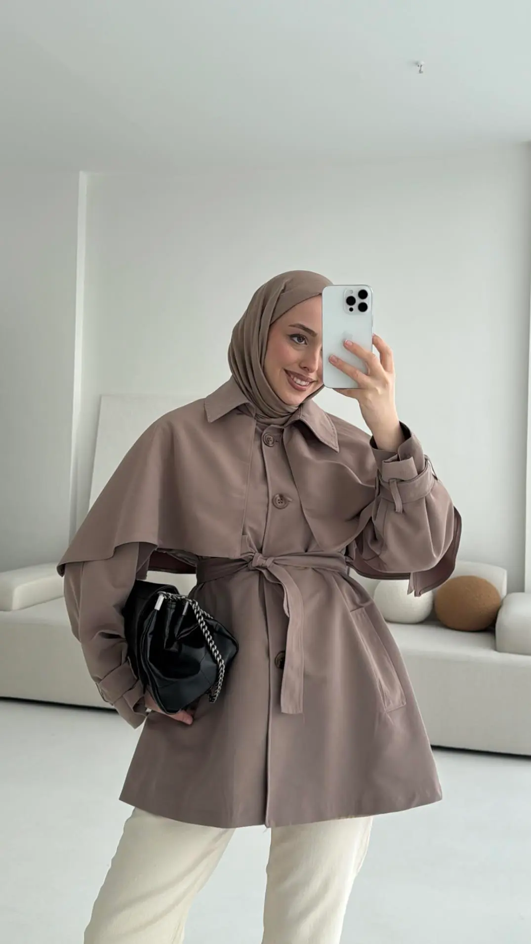 Astarlı Pelerinli Trençkot Vizon