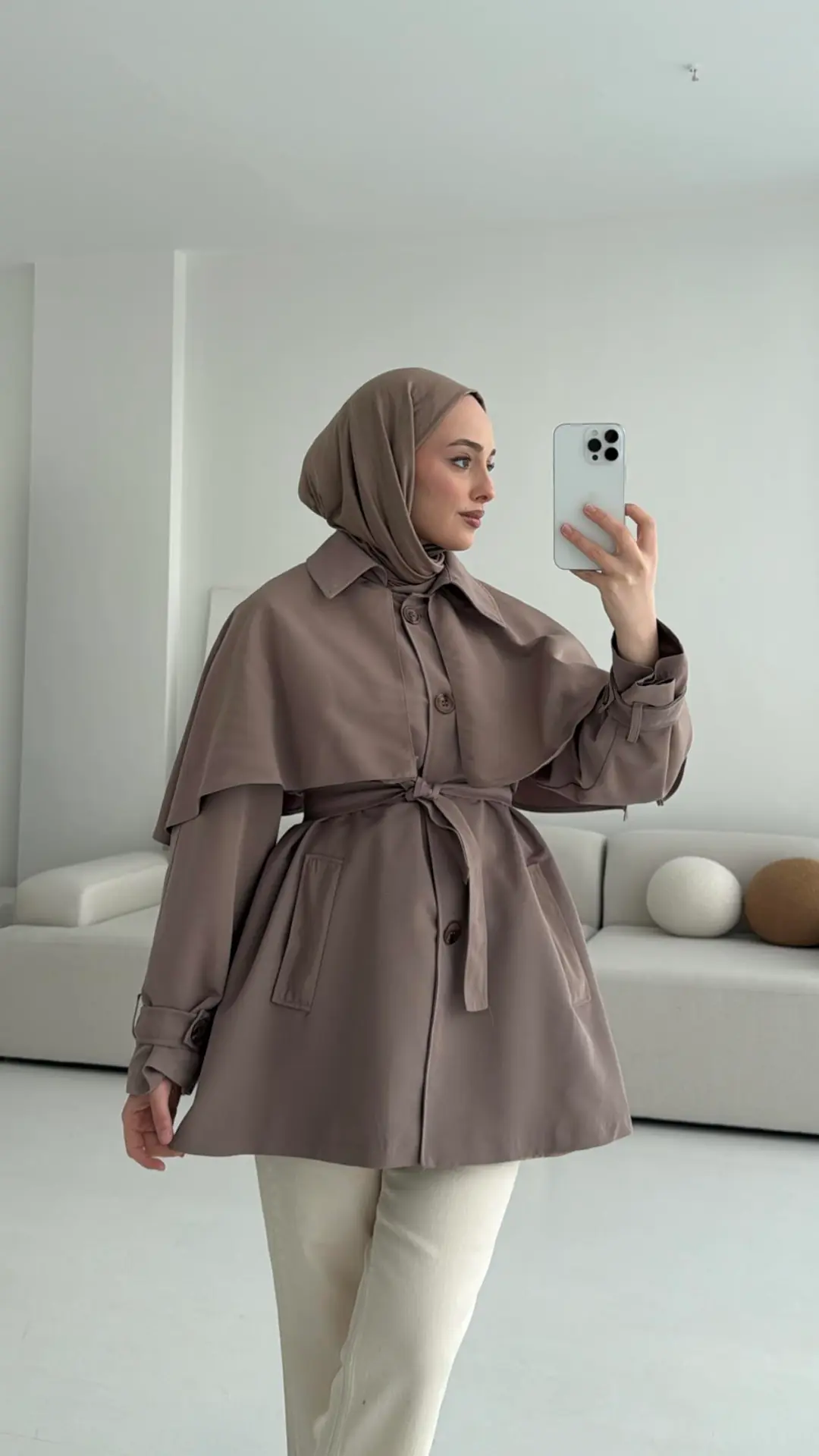 Astarlı Pelerinli Trençkot Vizon - Görsel 2