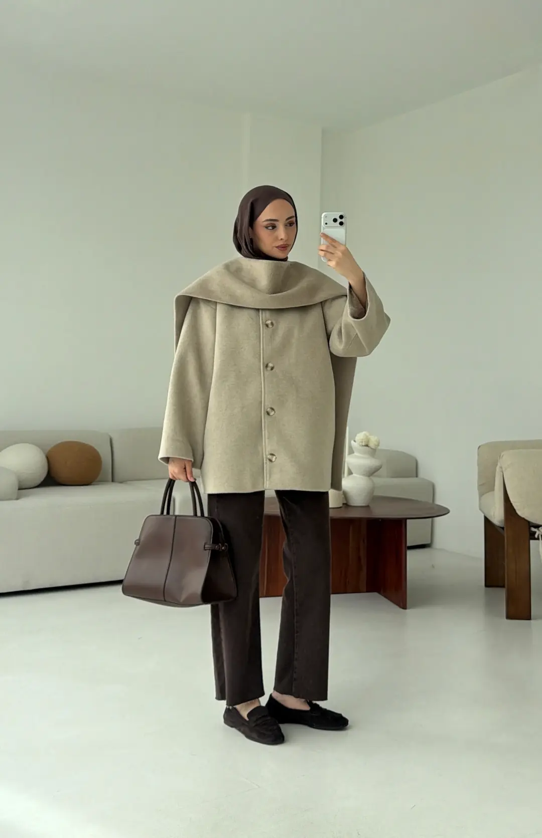 Atkılı Kaşe Kaban Bej - Görsel 6