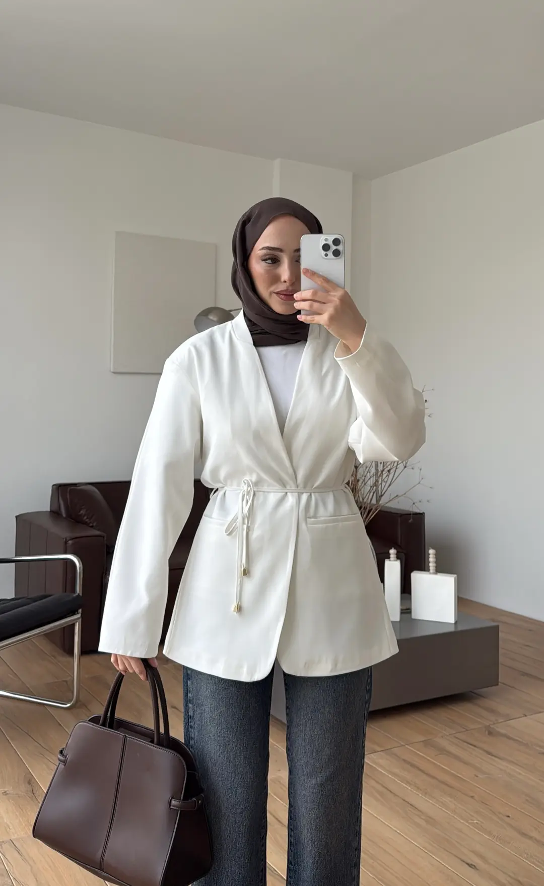 Bagcıklı Blazer Ceket Beyaz - Görsel 8