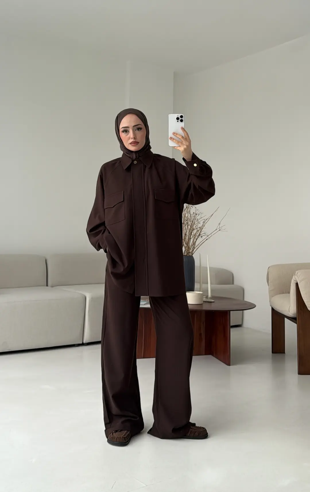 Bağcıklı Bluz Pantolon Takım Kahve - Görsel 3