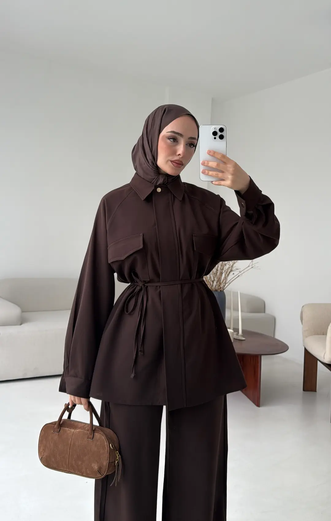 Bağcıklı Bluz Pantolon Takım Kahve - Görsel 5