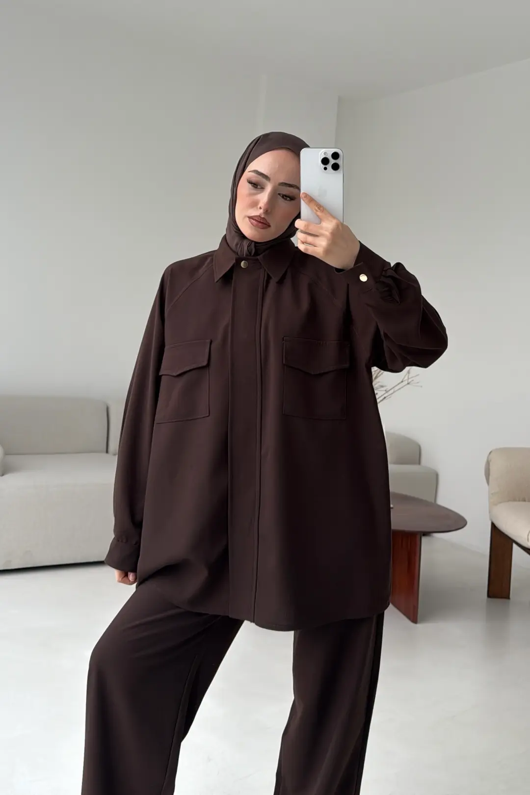 Bağcıklı Bluz Pantolon Takım Kahve - Görsel 6