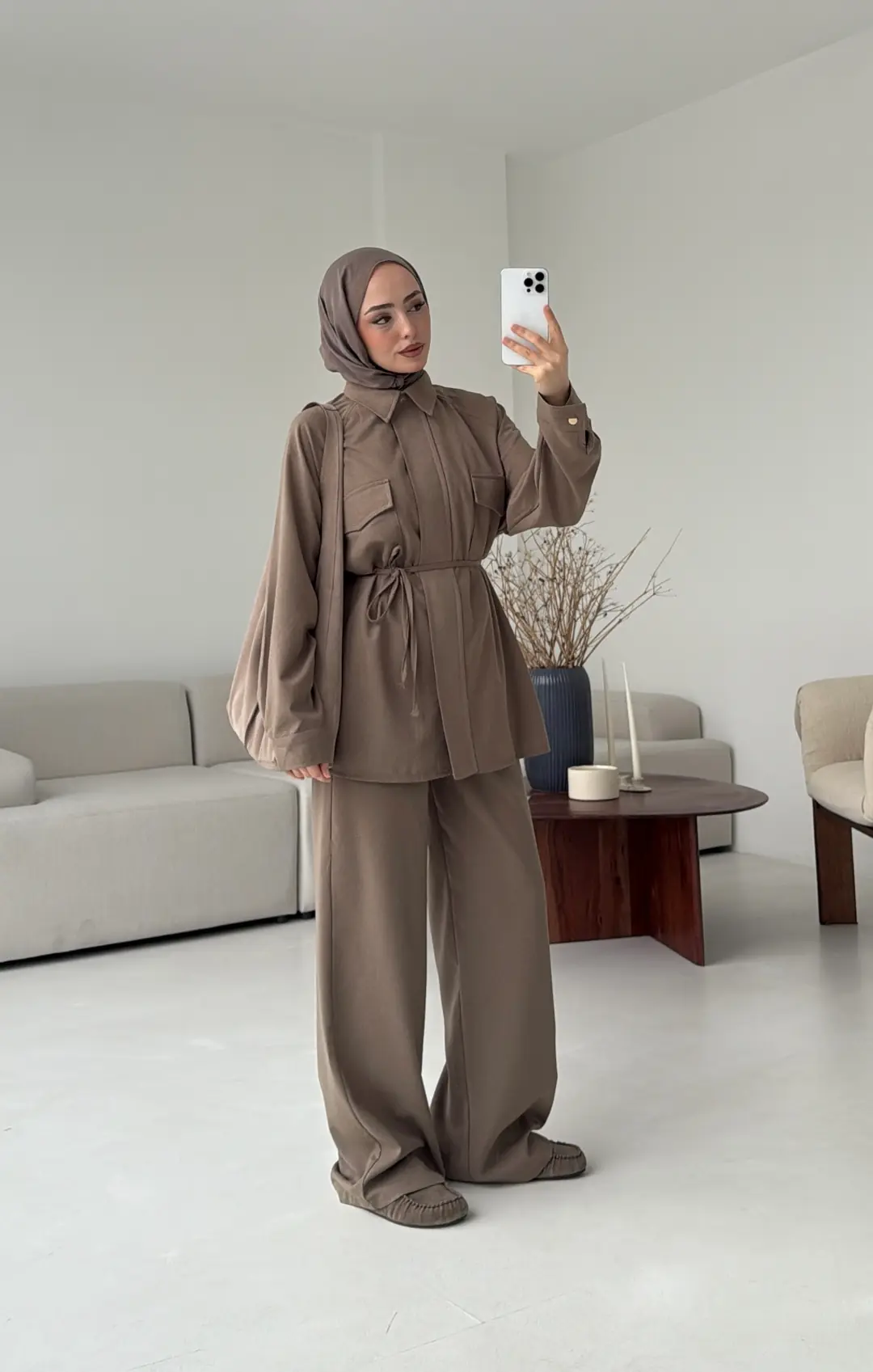 Bağcıklı Bluz Pantolon Takım Vizon