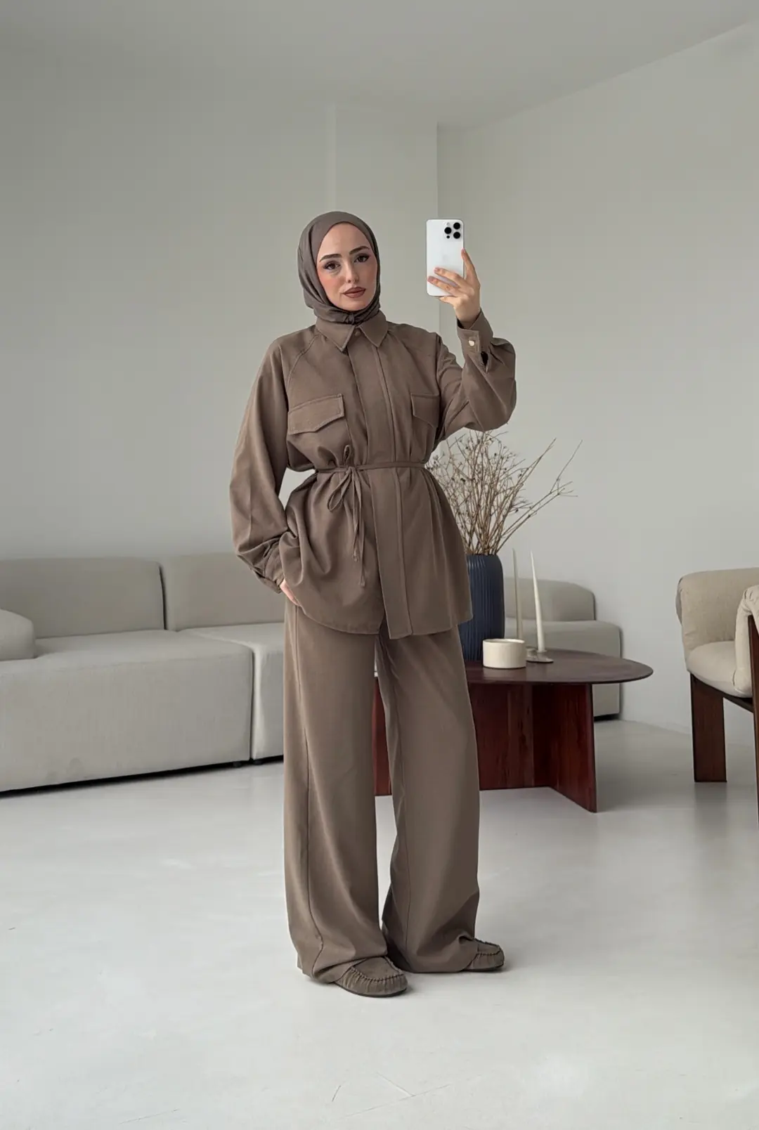 Bağcıklı Bluz Pantolon Takım Vizon - Görsel 3