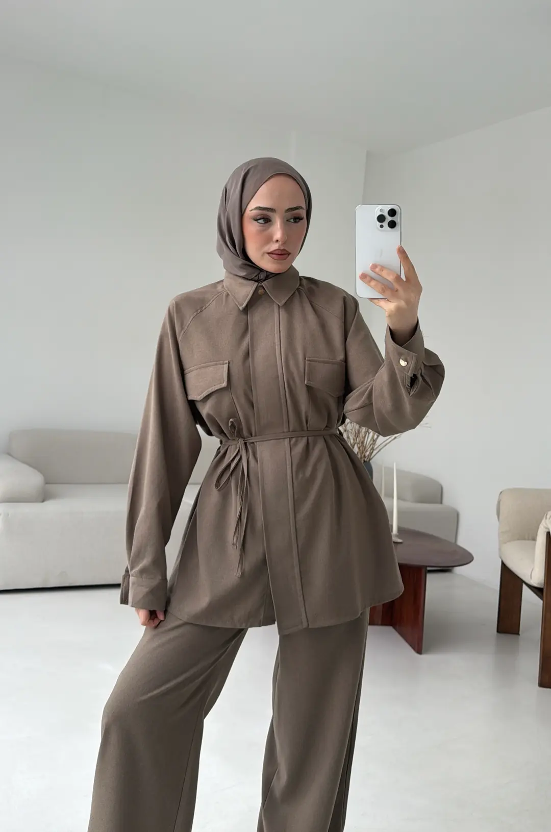 Bağcıklı Bluz Pantolon Takım Vizon - Görsel 5