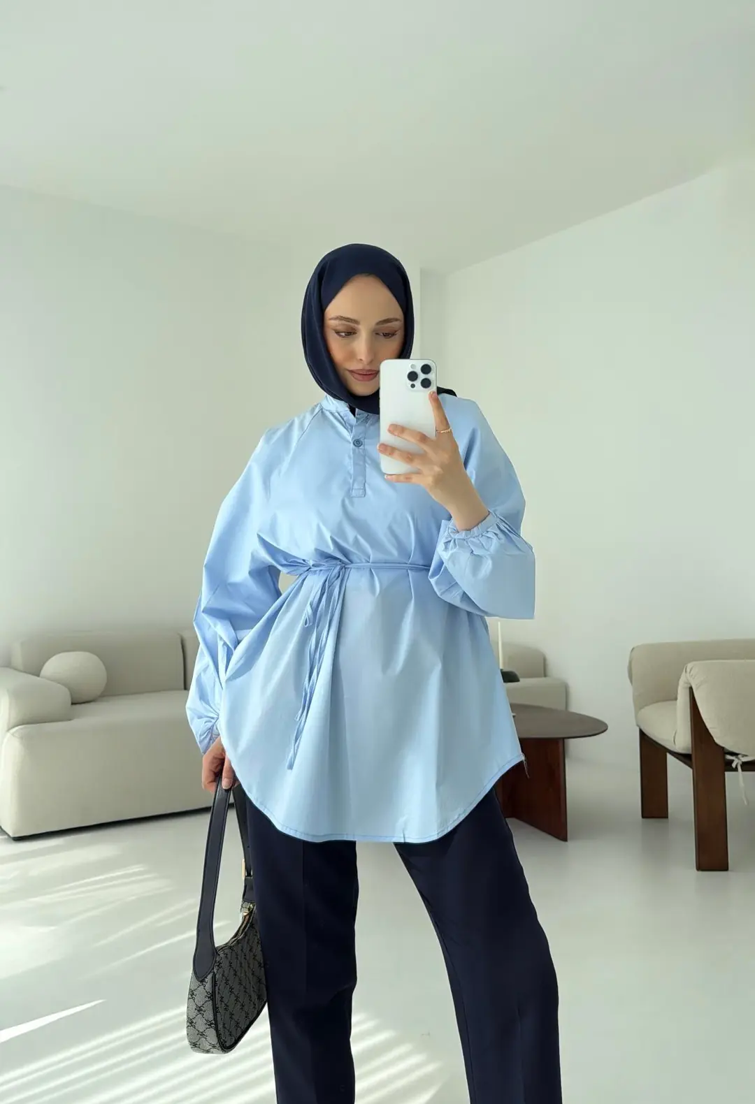 Bağlamalı Balon Gömlek Mavi - Görsel 3