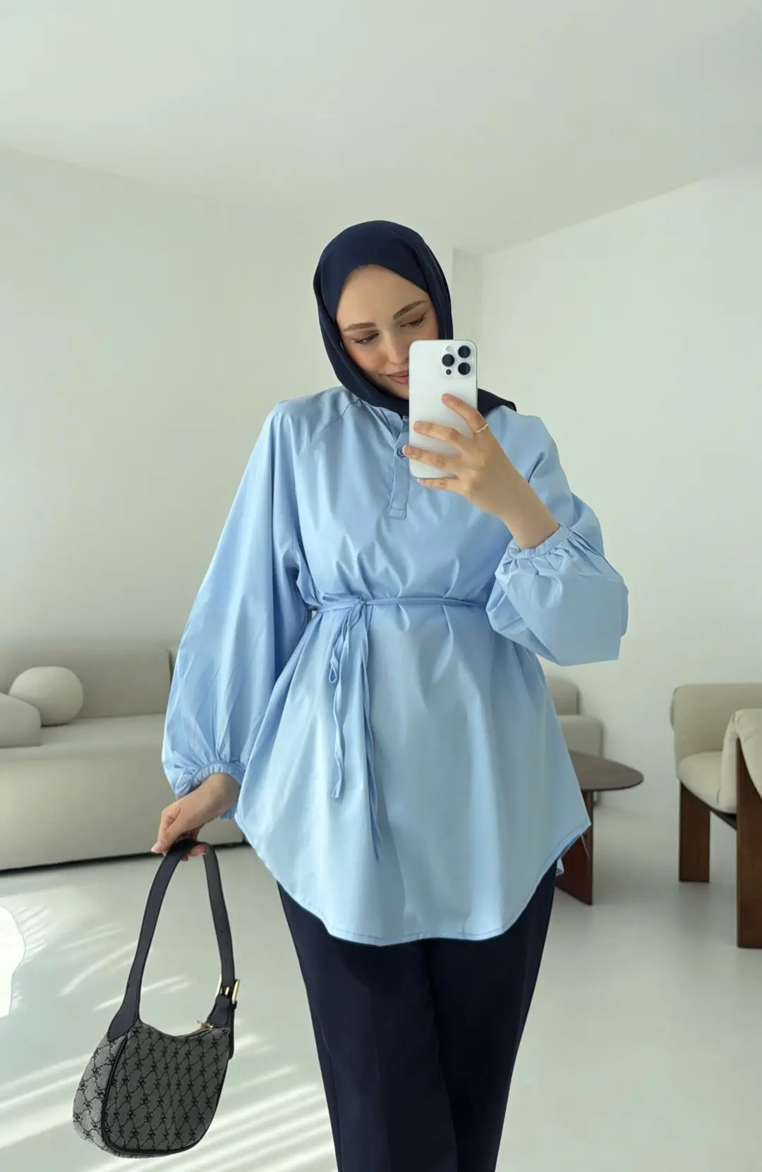 Bağlamalı Balon Gömlek Mavi - Görsel 6