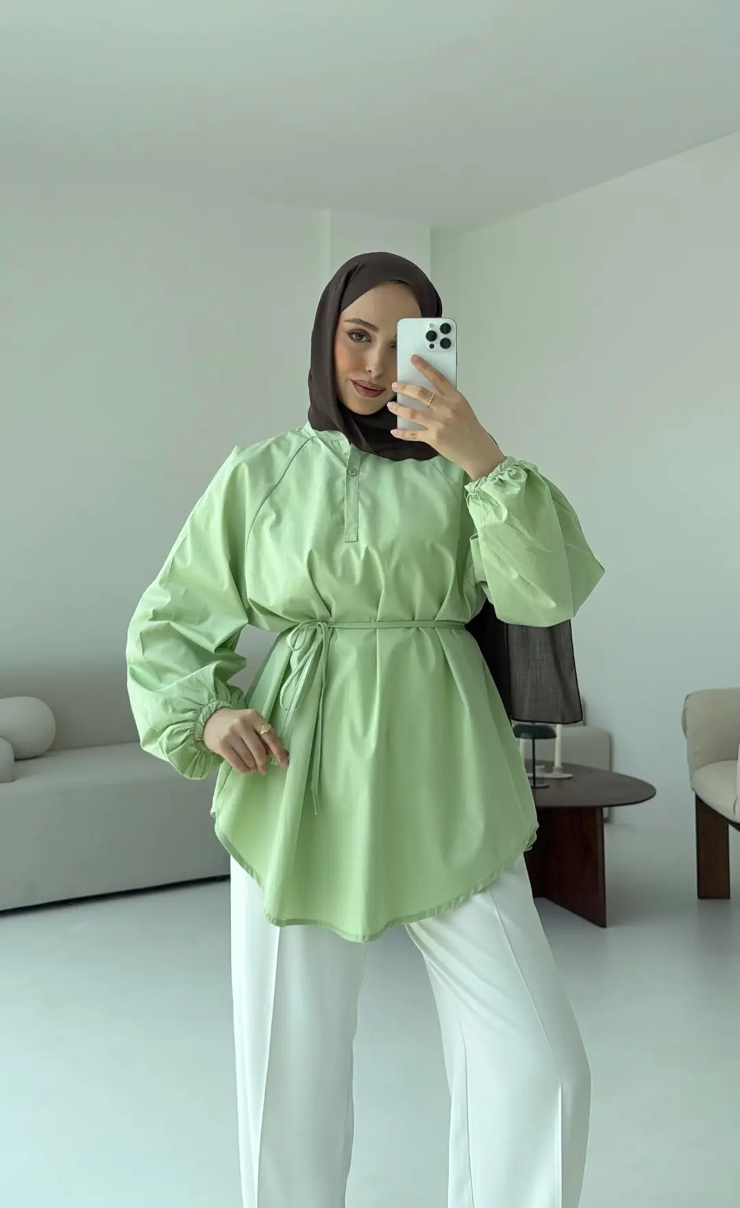 Bağlamalı Balon Gömlek Yeşil - Görsel 4