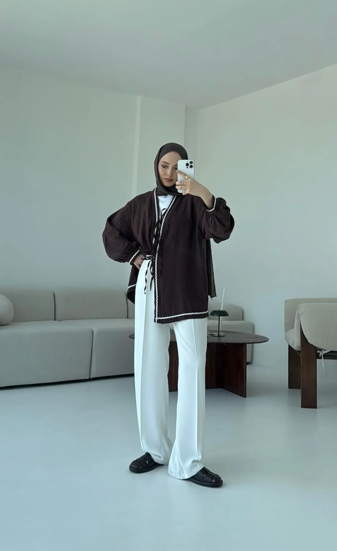 Bağlamalı Dantel Detay Kimono Kahve