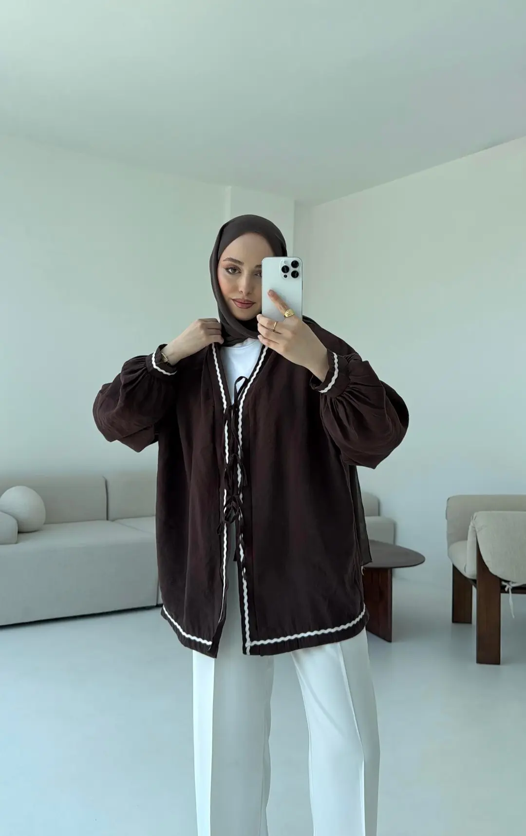 Bağlamalı Dantel Detay Kimono Kahve - Görsel 8