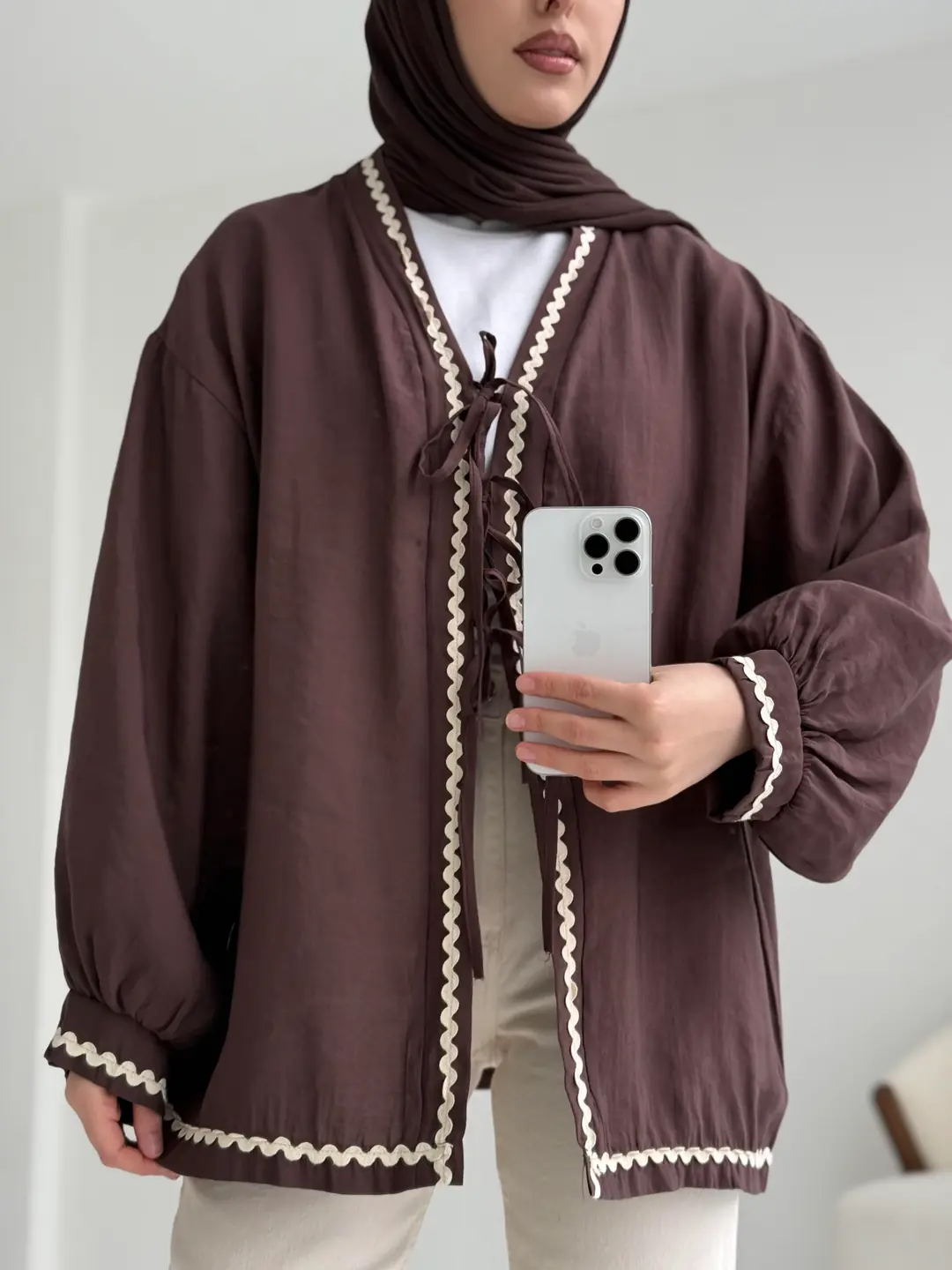Bağlamalı Dantel Detay Kimono Kahve - Görsel 3