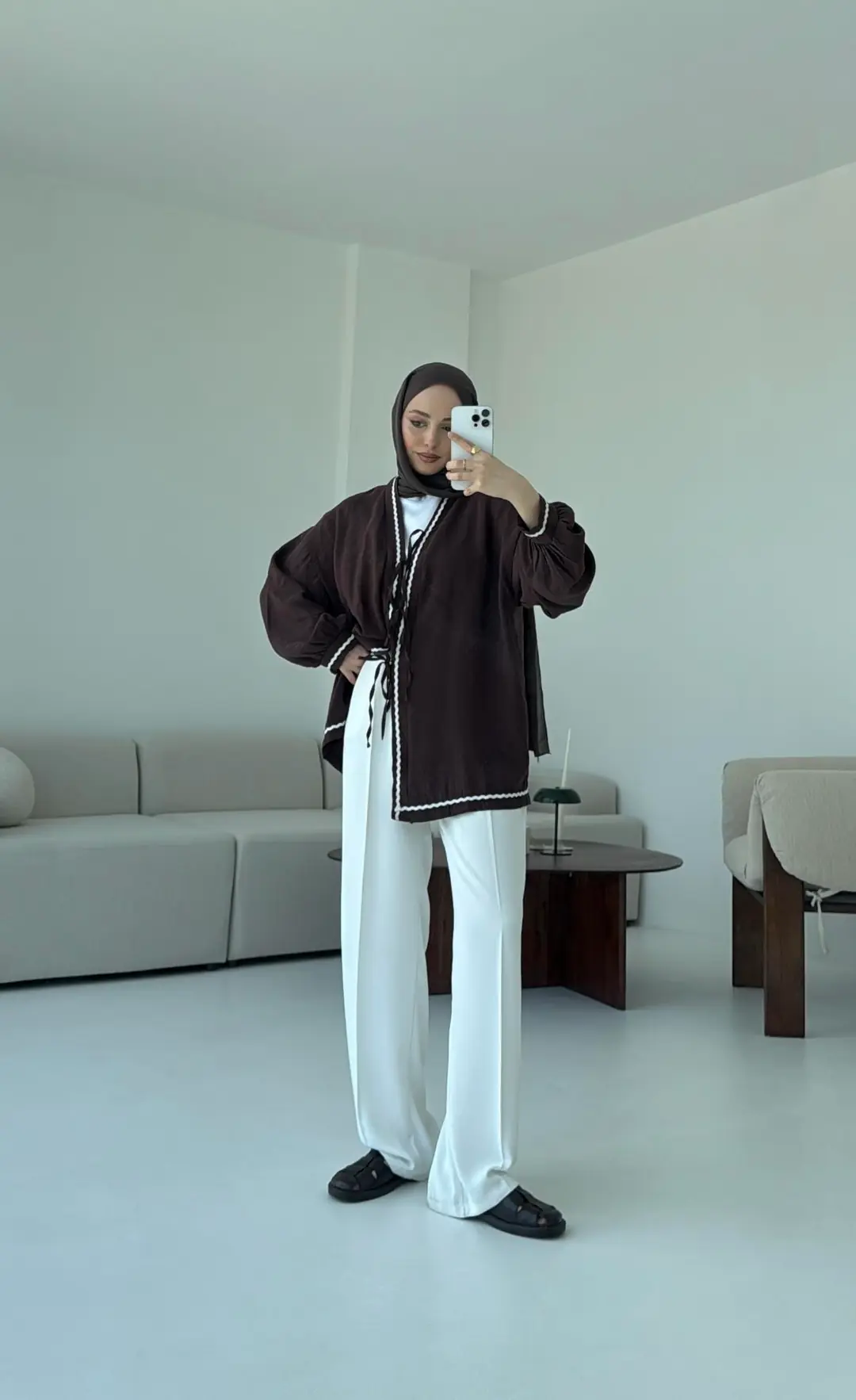 Bağlamalı Dantel Detay Kimono Kahve